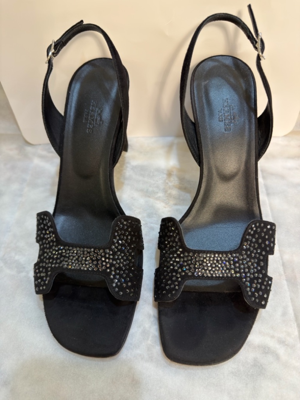 Hermes Black Suede Crystal Embellished Slingback H Sandals Size 39,9 (US 9,5) - Picture 3 of 17